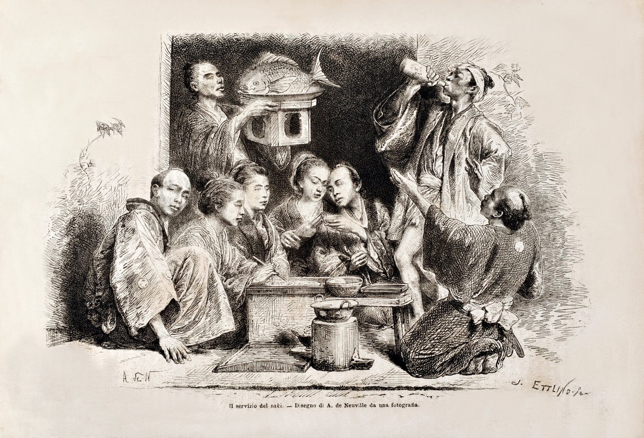 A Small Party Drinking Sake, z italského vydání Tour du Monde, 1869 od Italian School