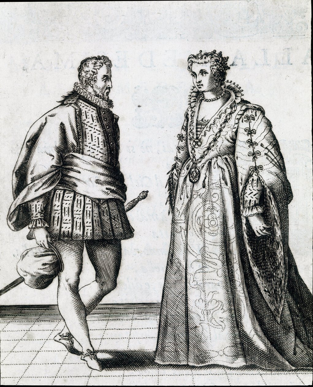 Pár italské šlechty. Rytina z „“ Il ballarino “ (nebo Il dancer) pojednává o tanci tanečního mistra Fabritia Caroso (1527 / 1535-1605 / 1620) 1581. Civic Museum Biblioteca Musicale, Bologna od Italian School