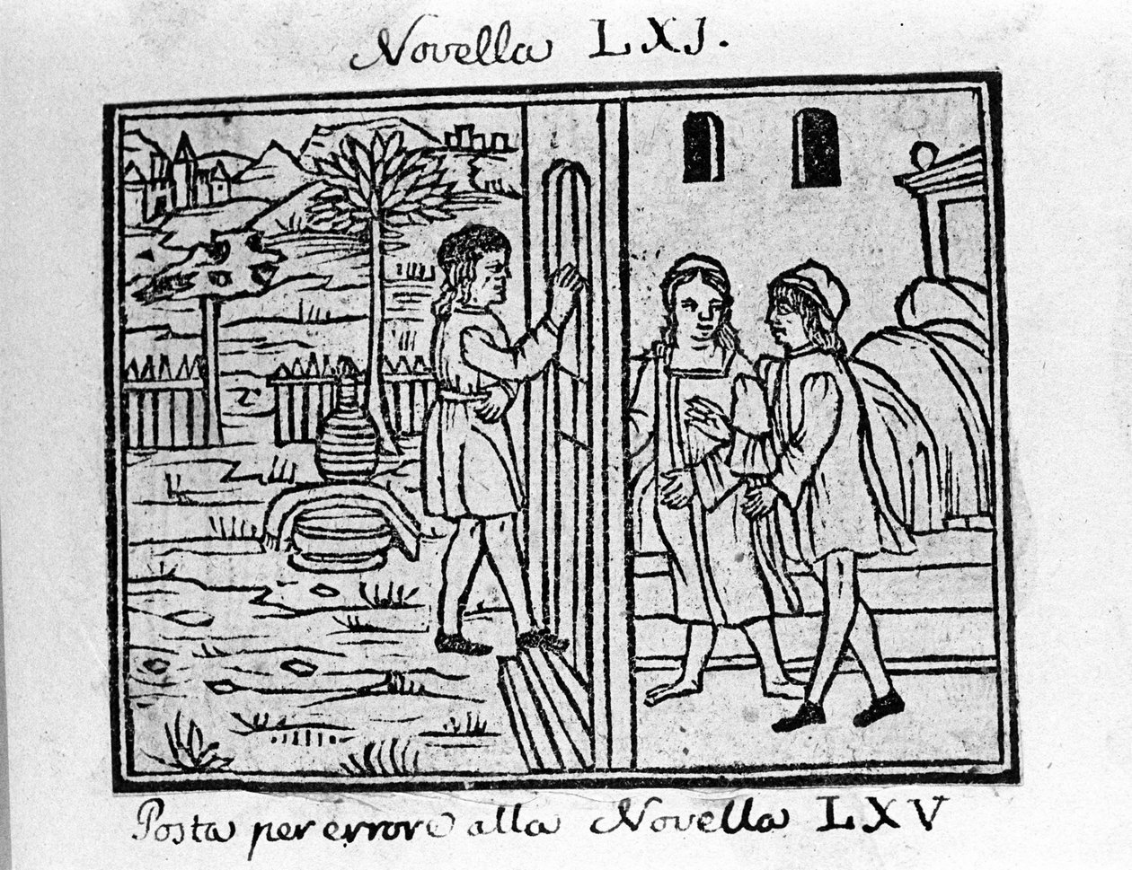 Pár chce zaklepat na jejich dveře. Ilustrace ke zprávě 61 (Zprávy 1 ze 7. dne) „Dekameronu“ od Giovanniho Boccaccia dit Jean Boccaccia (1313-1375), italského spisovatele. Rytina v „” Decamerone ouer Cento nouelle”” Benátky, Bartolomeo de 