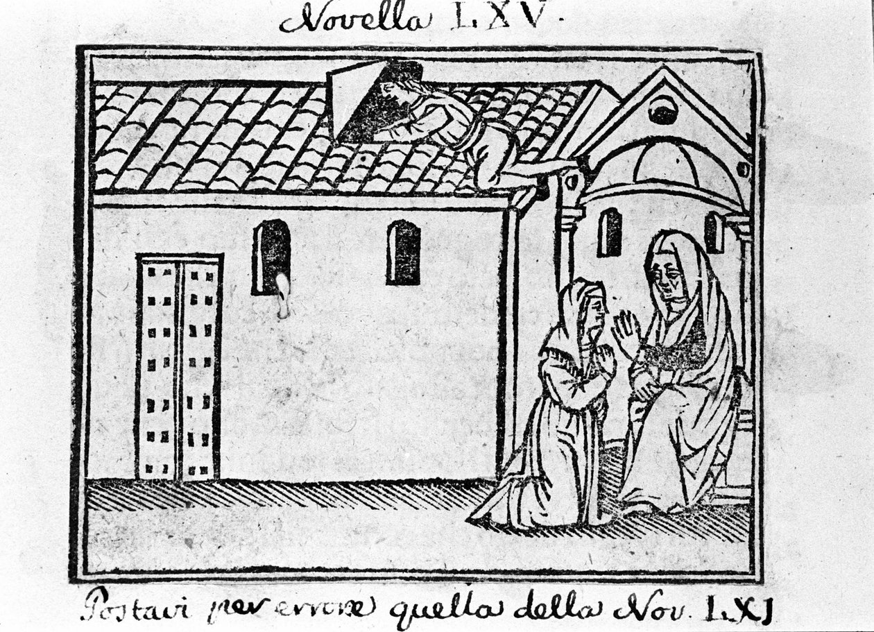 Žárlivý manžel se zřekne jako kněze, aby vyzvedl zpověď své cizoložné manželky. Ilustrace pro novinky 65 (Nová 5 sedmého dne) „Dekameronu“ od Giovanniho Boccaccia dit Jean Boccaccia (1313-1375), italského spisovatele. Gravírování v od Italian School
