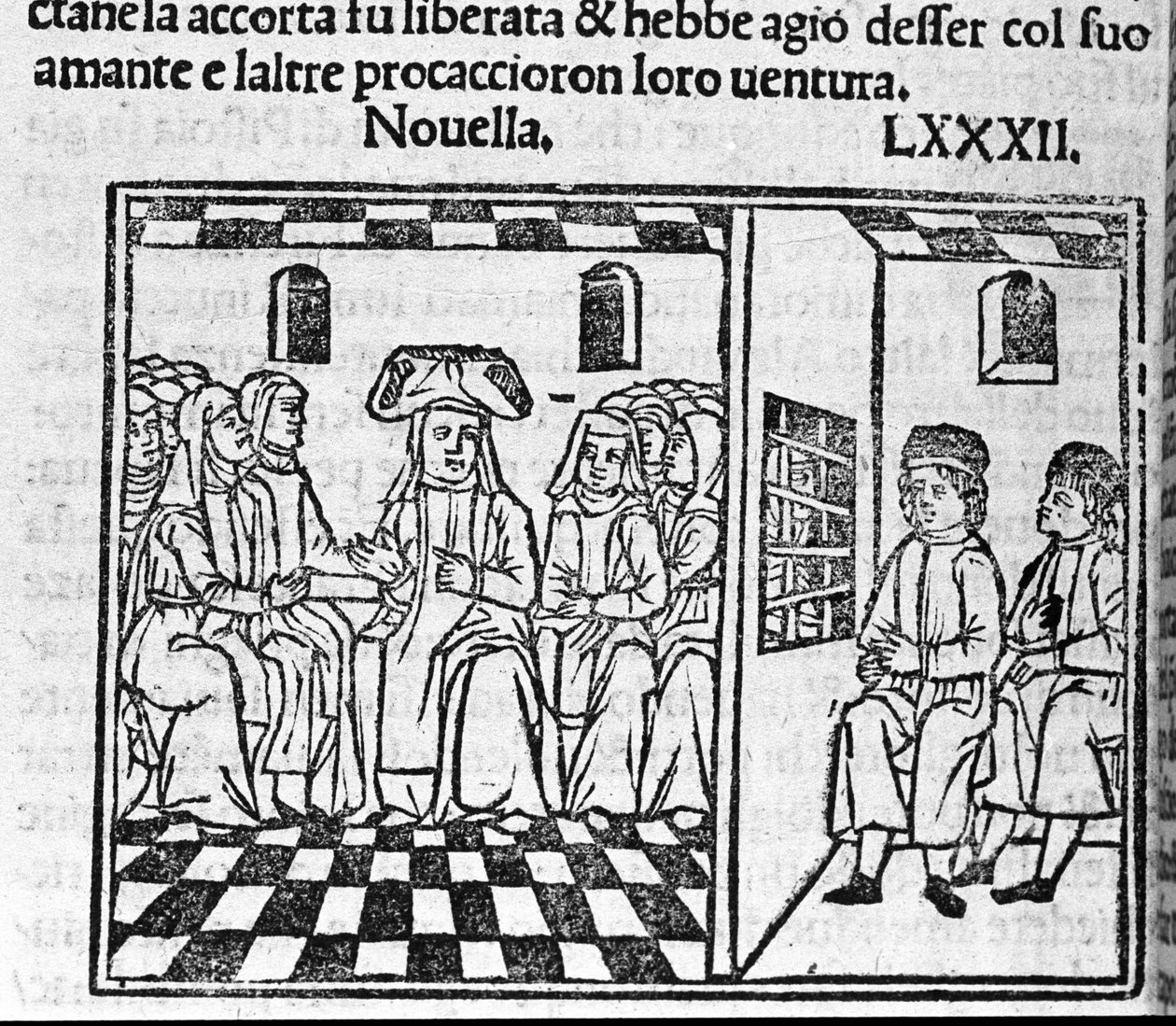 Příběh o lásce jeptišky. Ilustrace ke zprávě 82 (Nová 2 devátého dne) „Dekameronu“ od Giovanniho Boccaccia dit Jean Boccaccia (1313-1375), italského spisovatele. Rytina v „” Decamerone ouer Cento nouelle”” Benátky, Bartolomeo de 