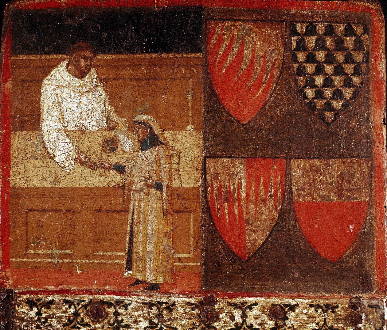 Výběrčí daní a daňový poplatník Anonymní malba na dřevě zdobená Bicchernou (obálka účetní knihy města Siena) z roku 1340. Národní archiv - Museo delle Tavolette de Bicherna, Siena. od Italian School