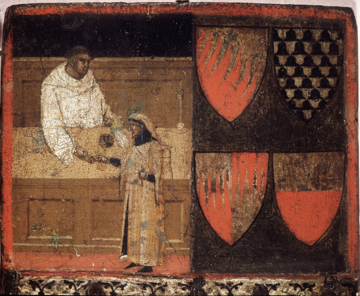 Výběrčí daní a daňový poplatník Biccherna (obálka účetní knihy města Siena) z roku 1340. Národní archiv - Museo delle Tavolette de Bicherna, Siena. od Italian School