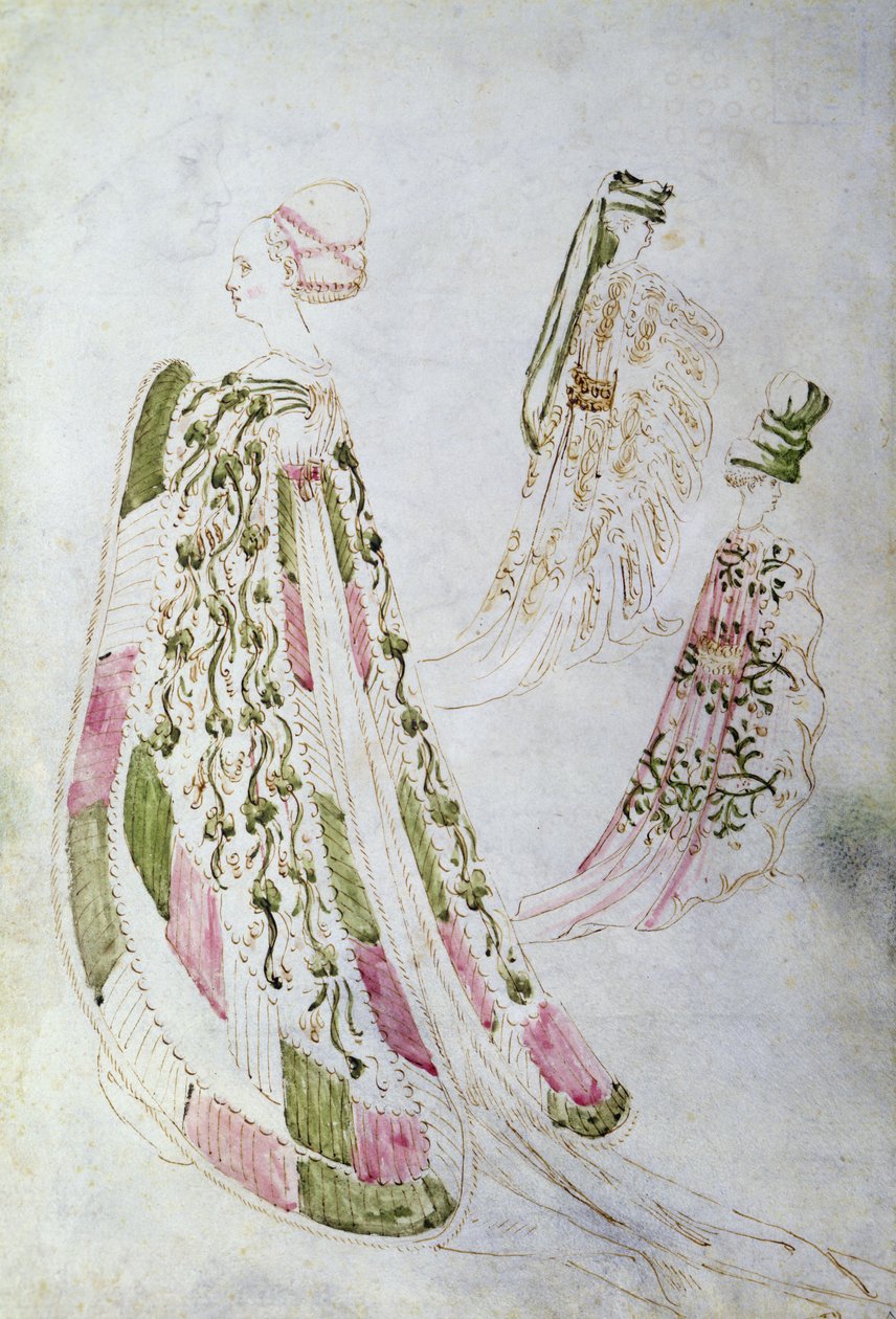 Žena a dva muži v dlouhých kabátech, cca 1450 (inkoust a akvarel na papíře) od Italian School