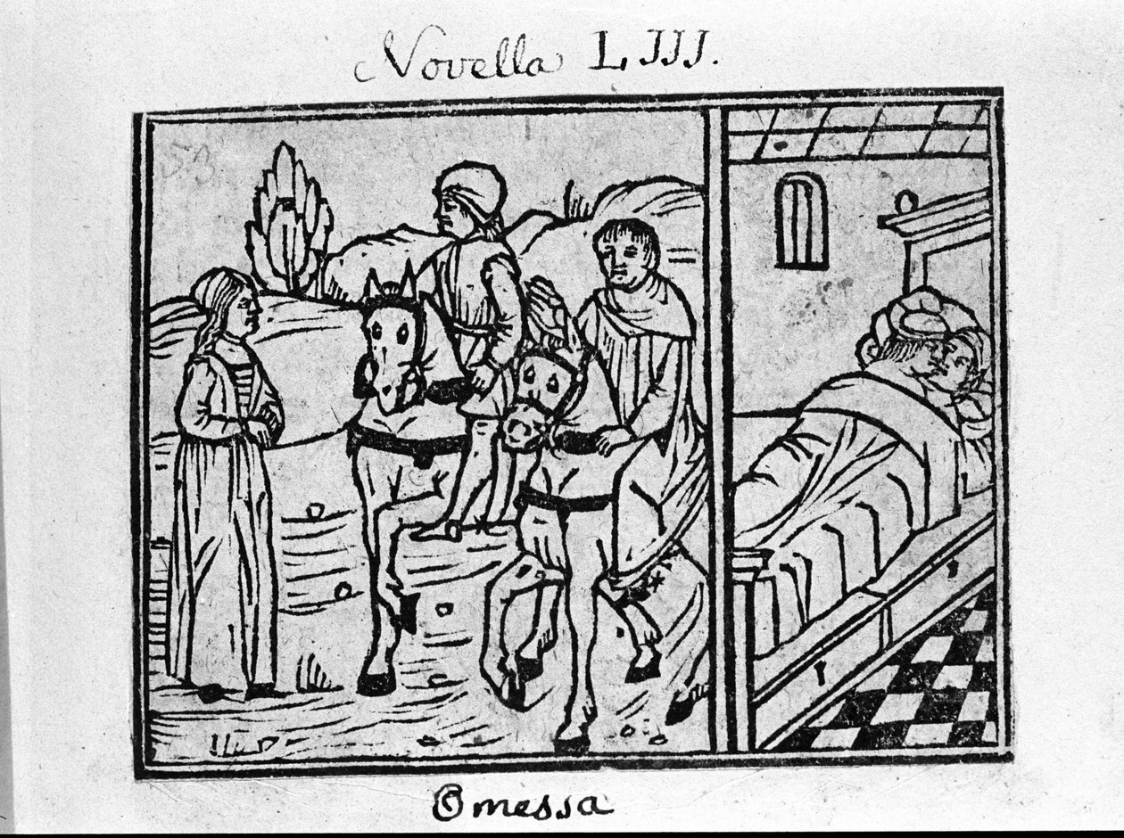 Žena potká dva jezdce a má pár v místnosti. Ilustrace ke zprávě 53 (Zprávy 3 6. dne) z „Dekameronu“ od Giovanniho Boccaccia dit Jean Boccaccia (1313-1375), italského spisovatele. Rytina v "" Decamerone ouer Cento nouelle"" Benátky, B od Italian School