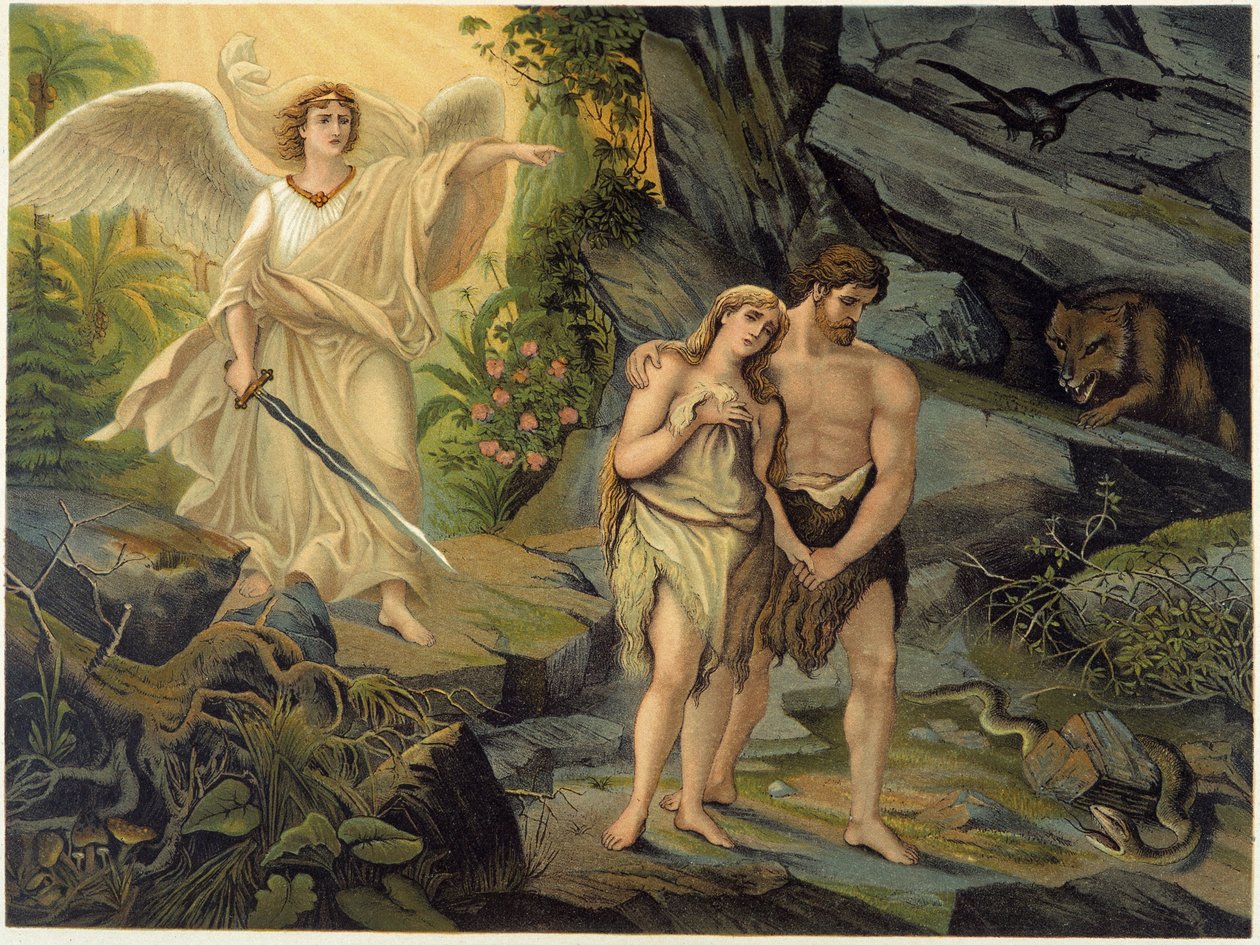 Adam a Eva vyhnáni z pozemského ráje (Eden) archandělem - v knize "" Zlatá klasická Bible: Historie božského zjevení ve starověkém a novém stresu "" od Giovanniho Ladislao Sykory (vol. 1), přeložil Don Clemente Benetti. (Italská bible od Italian School