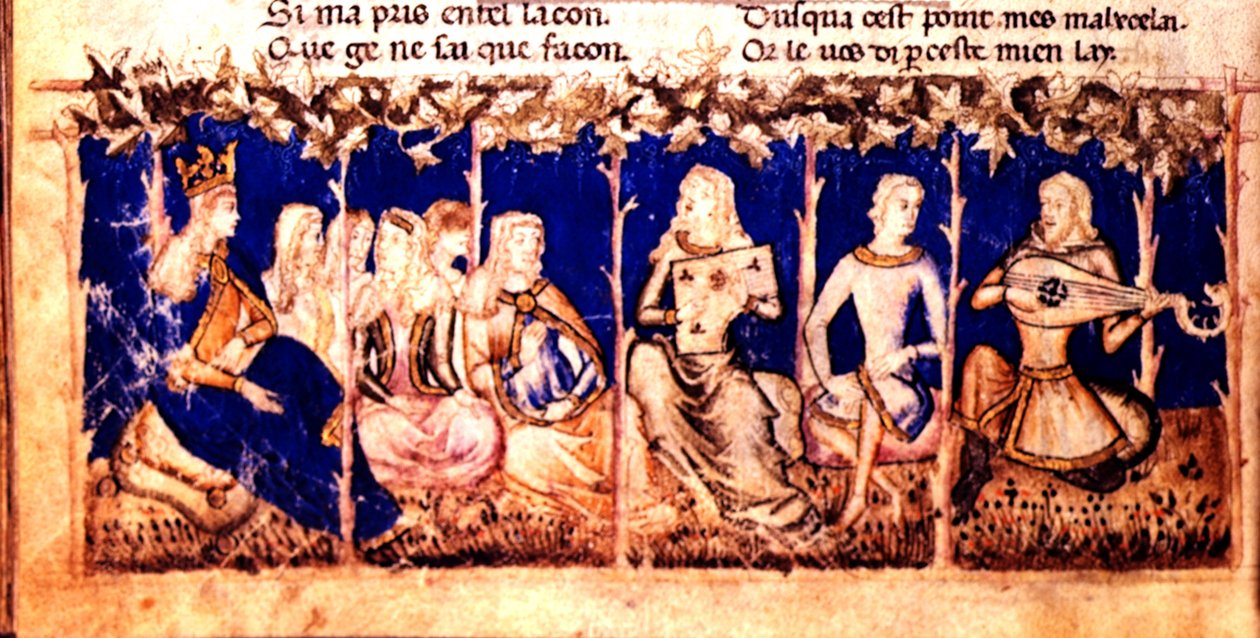 Add.12228 fol.222v Královna poslouchá hudbu z románu Roman du Roy Meliadus de Leonnoys, kolem 1352 (vellum) od Italian School