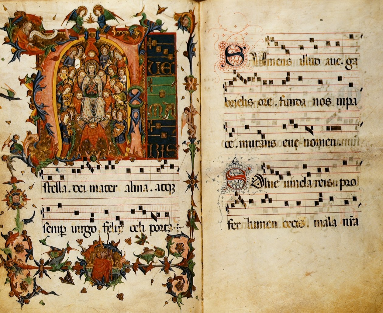 Add.30014 ff.124v-125 Panna s anděly, z „Knihy hymnů kláštera sv. Spasitele, Siena“ od Italian School