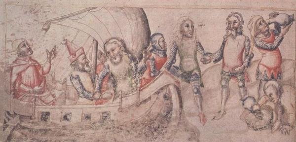 Přidat 15477 fol.2v Jason odjíždí na svou cestu, z „Liber de Casu et Ruina Trojae“ od Guida de Columnis (vellum) od Italian School