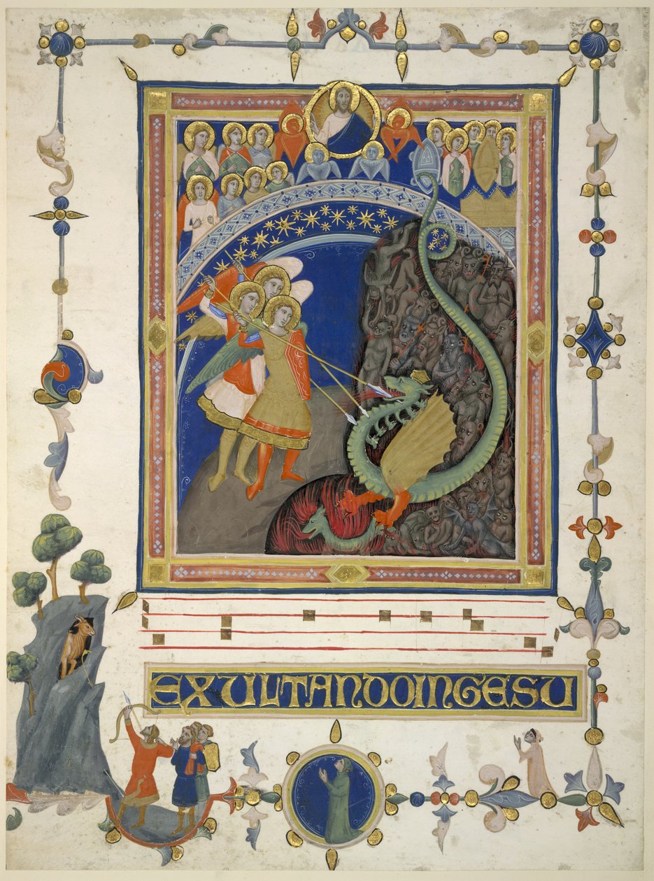 Přidat. 35254 B Svatý Michael a jeho andělé v boji s drakem a jeho hostitelem (vellum) od Italian School