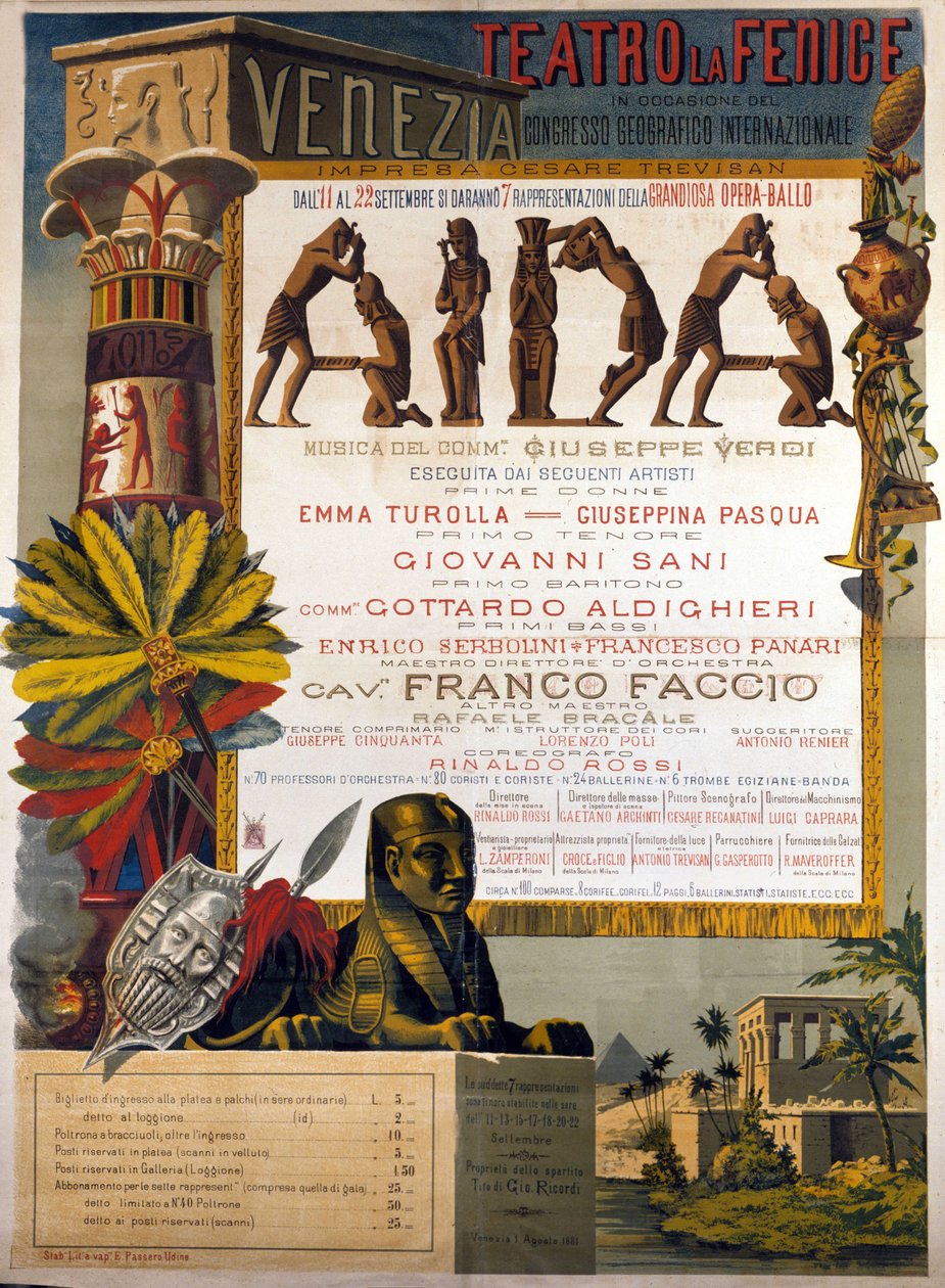 Plakát představující Aidu Giuseppe Verdiho v La Fenice v Benátkách v roce 1881. od Italian School
