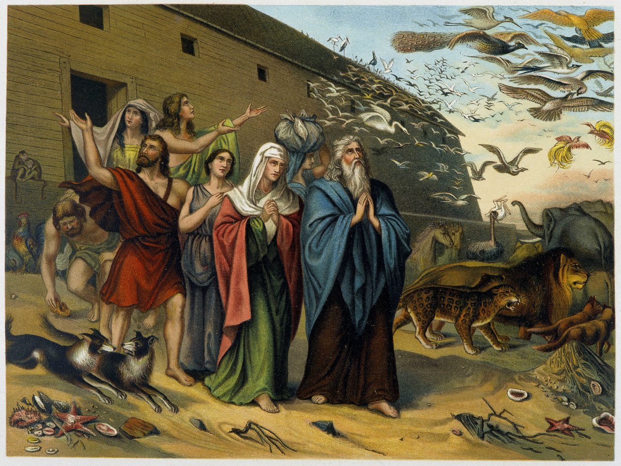 Po potopě Noe, jeho rodina a zvířata vycházejí z archy - v "Classic Golden Bible: History of the božského zjevení ve starověku a v novém napětí" "od Giovanniho Ladislao Sykora (vol. 1), přeložil Don Clemente Benetti . (italská bible) od Italian School