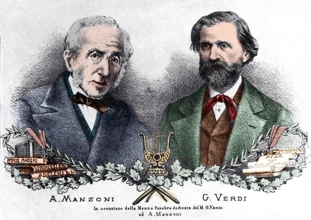 Alessandro Manzoni a Giuseppe Verdi u příležitosti Messa da Requiem (barevná rytina) od Italian School