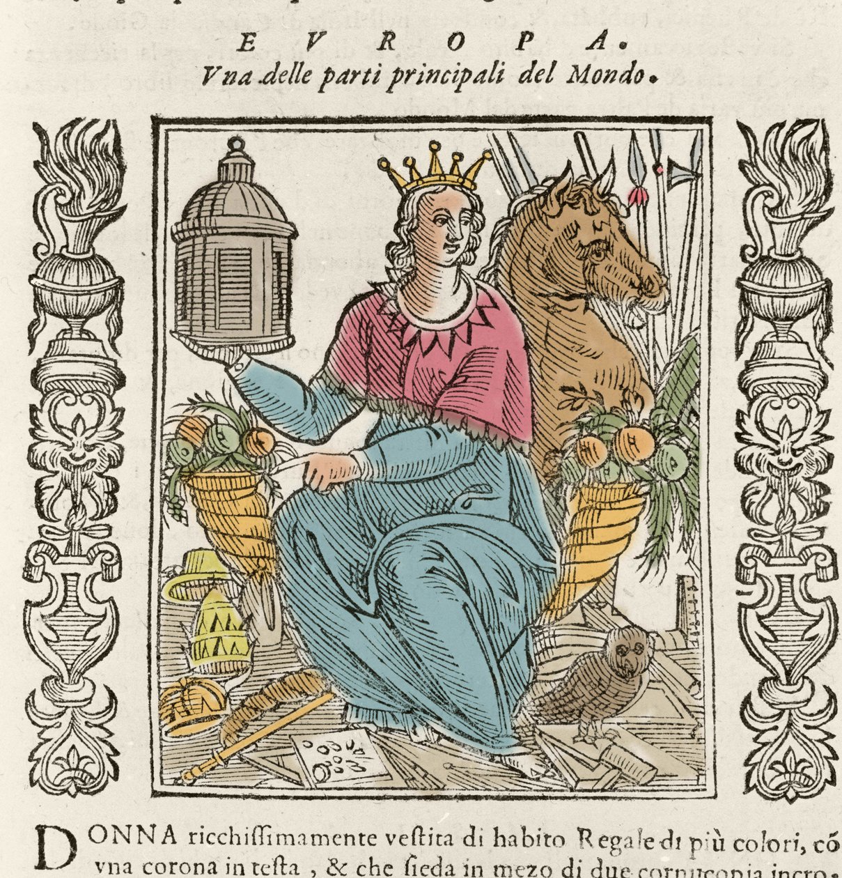 Alegorie Evropy v podobě bohatě oděné ženy, korunované, obklopené rohy hojnosti. Talíř převzat z "" Iconologia "" Cesare Ripa (1550, kolem roku 1622) od Italian School