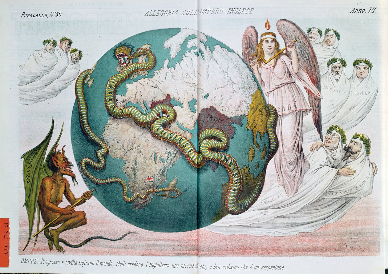 Alegorie Britského impéria škrtícího svět, satirická karikatura z Le Perroquet (Il Pappagallo), 1878 od Italian School