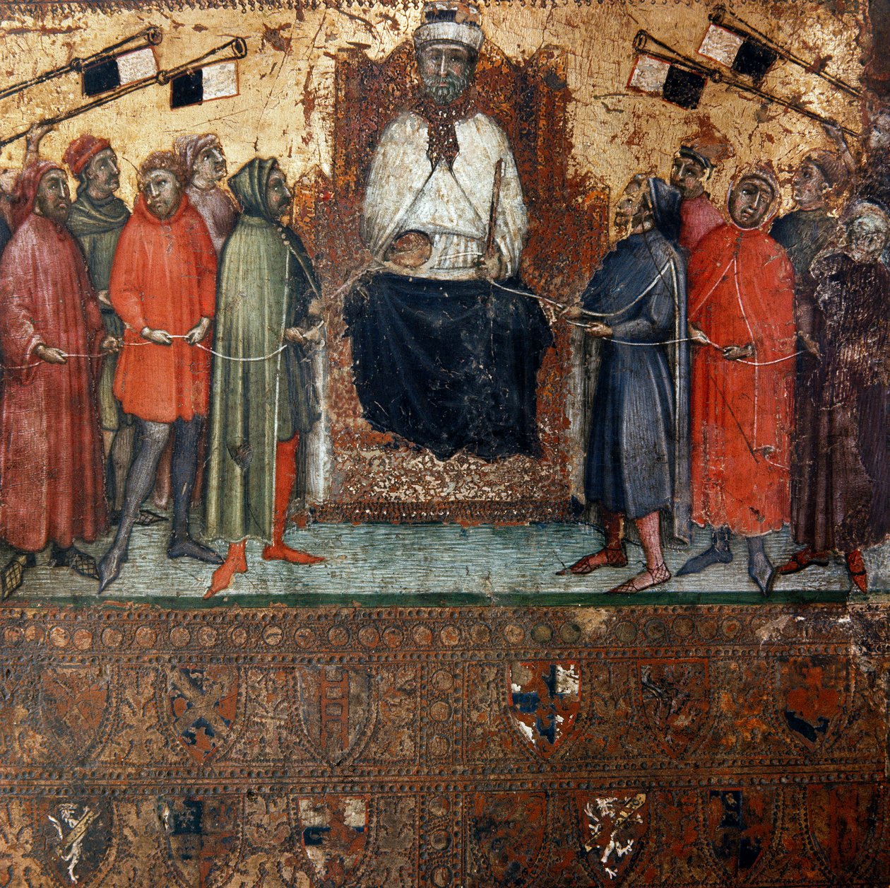 Alegorie vlády města Siena obklopené občany, kteří jsou s ní symbolicky spojeni provazem Anonymní malba na dřevě Biccherna (obálka účetního rejstříku města Siena) 1385. Siena Archivio di Stato, Itálie od Italian School