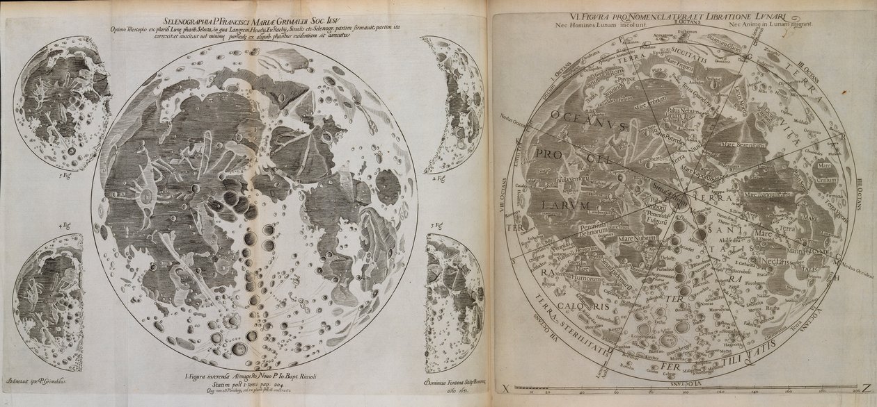 Almagestum novvum astronomaiam veterem novamque complectens observationibus aliorum, et propriis nouisque theorematibus, problematibus, ac tabulis pomotam, c.1660 (tisk) od Italian School