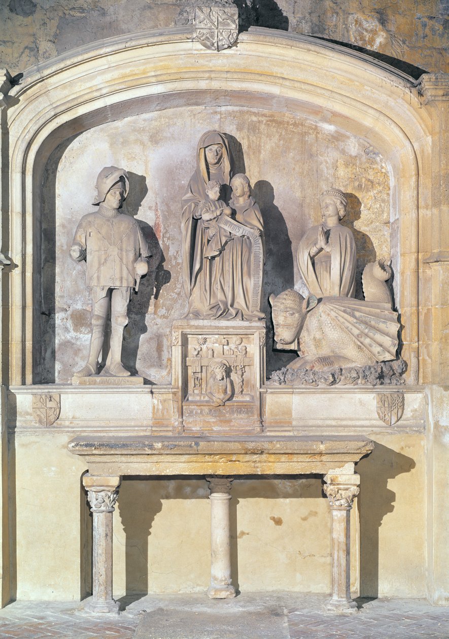 Oltářní obraz sv. Anny, Panny Marie a nemluvněte Krista se sv. Mauricem, sv. Martou a Taraskem (drakem z Tarasconu) 1470 (kámen) od Italian School