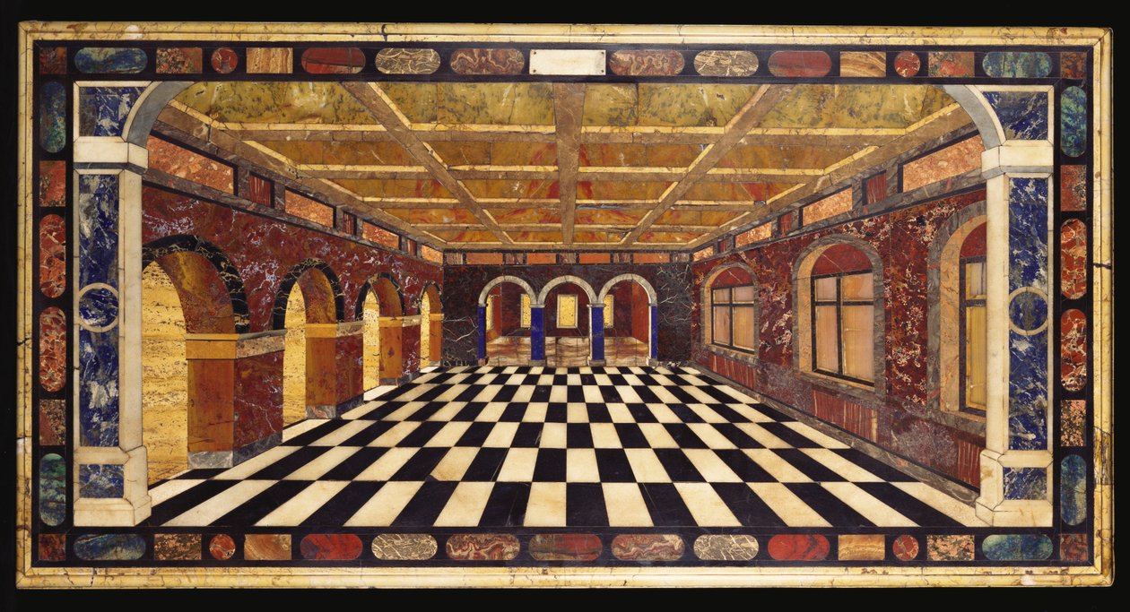 Italská deska pietre dure vykládaná mramorem zobrazující interiér ustupující arkádové galerie od Italian School