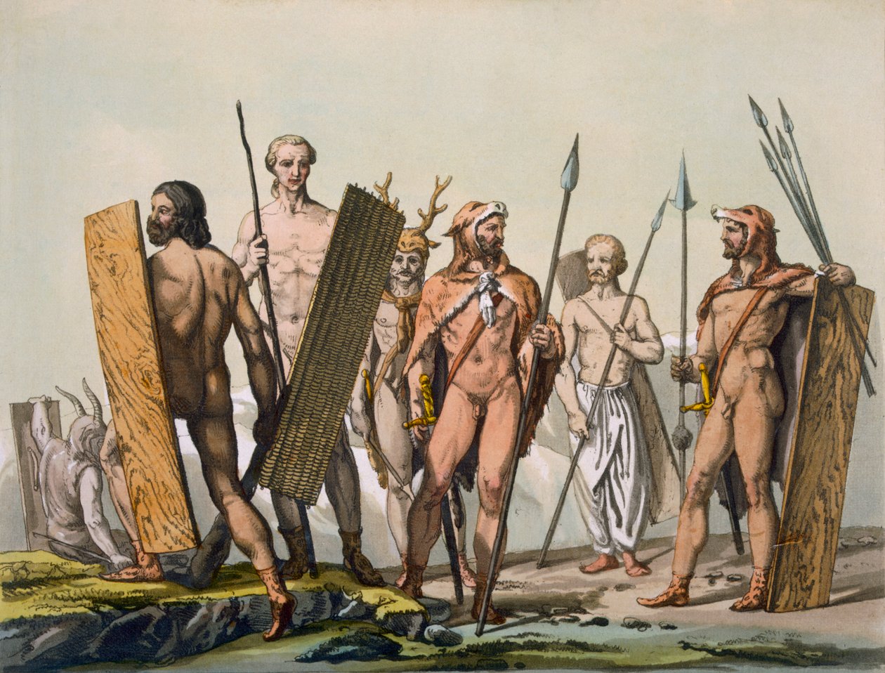 Starověcí keltští válečníci oblečení do bitvy se šamanem, kolem 1800-18 od Italian School
