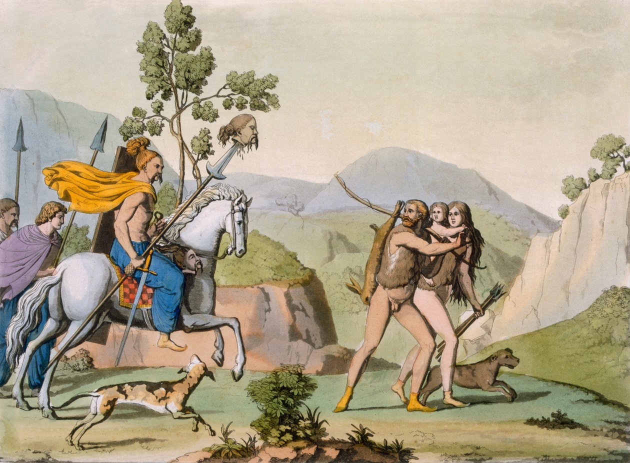 Starověcí keltští válečníci na výpravě narazí na pár na lovu, kolem 1800-18 (barevná rytina) od Italian School