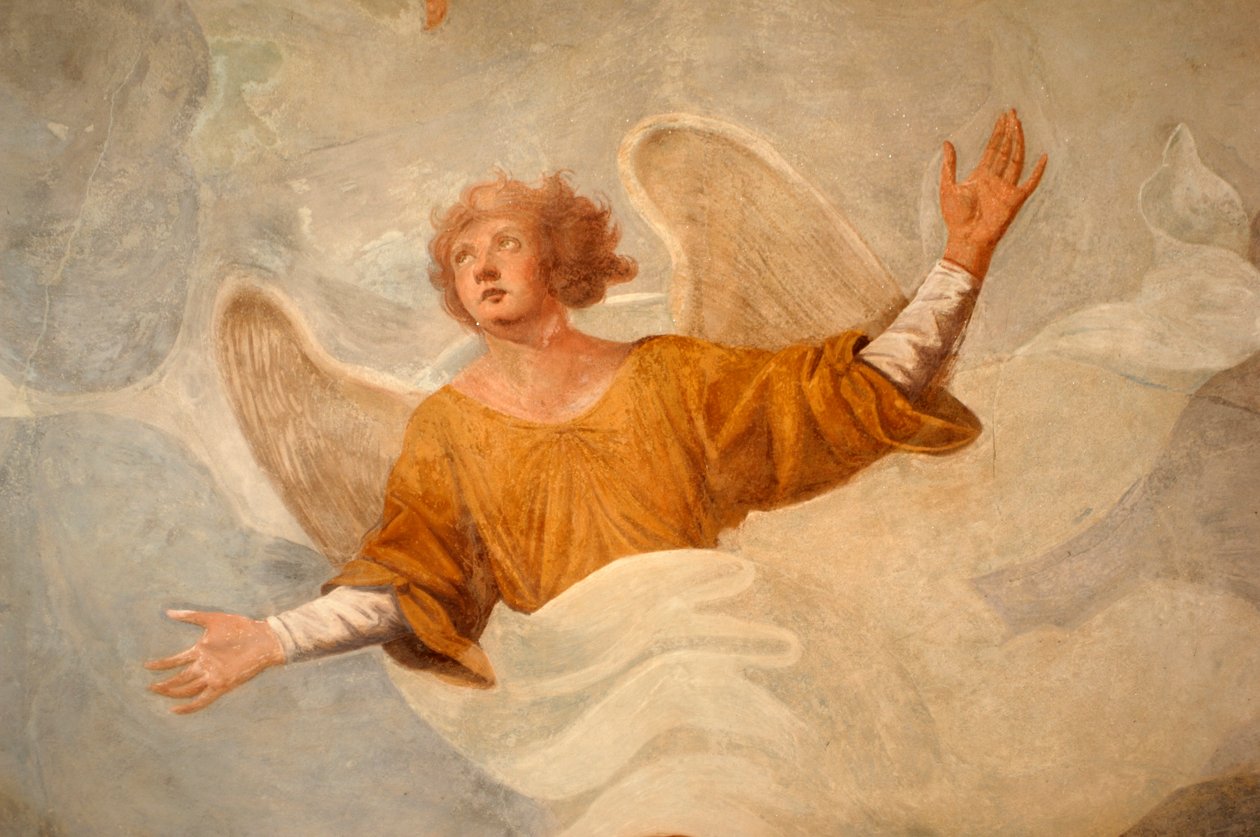 Anděl, detail ze scény ze života svatého Jana (17. století), freska, raně křesťanská křtitelnice, portikus katedrály v Novaře, Piemont, Itálie od Italian School