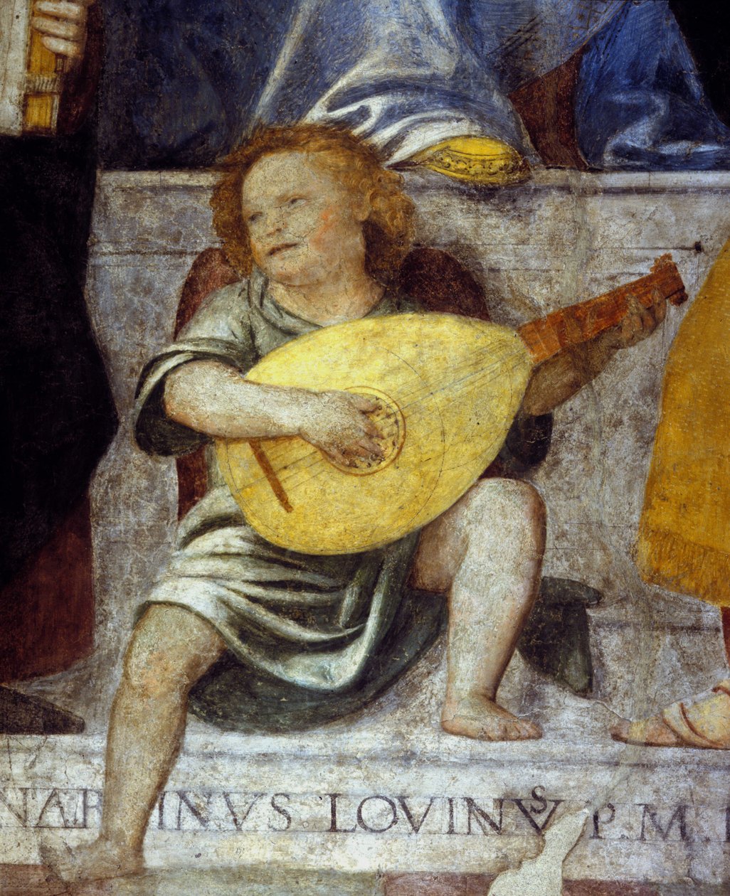 Andělský hudebník hrající na loutnu. Detail fresky ze 17. století z kostela v Miláně. od Italian School