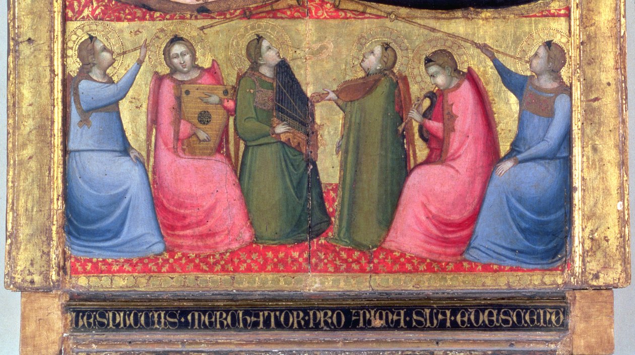 Andělé hrající na hudební nástroje, detail z panelu predella oltářního obrazu, Florentine od Italian School