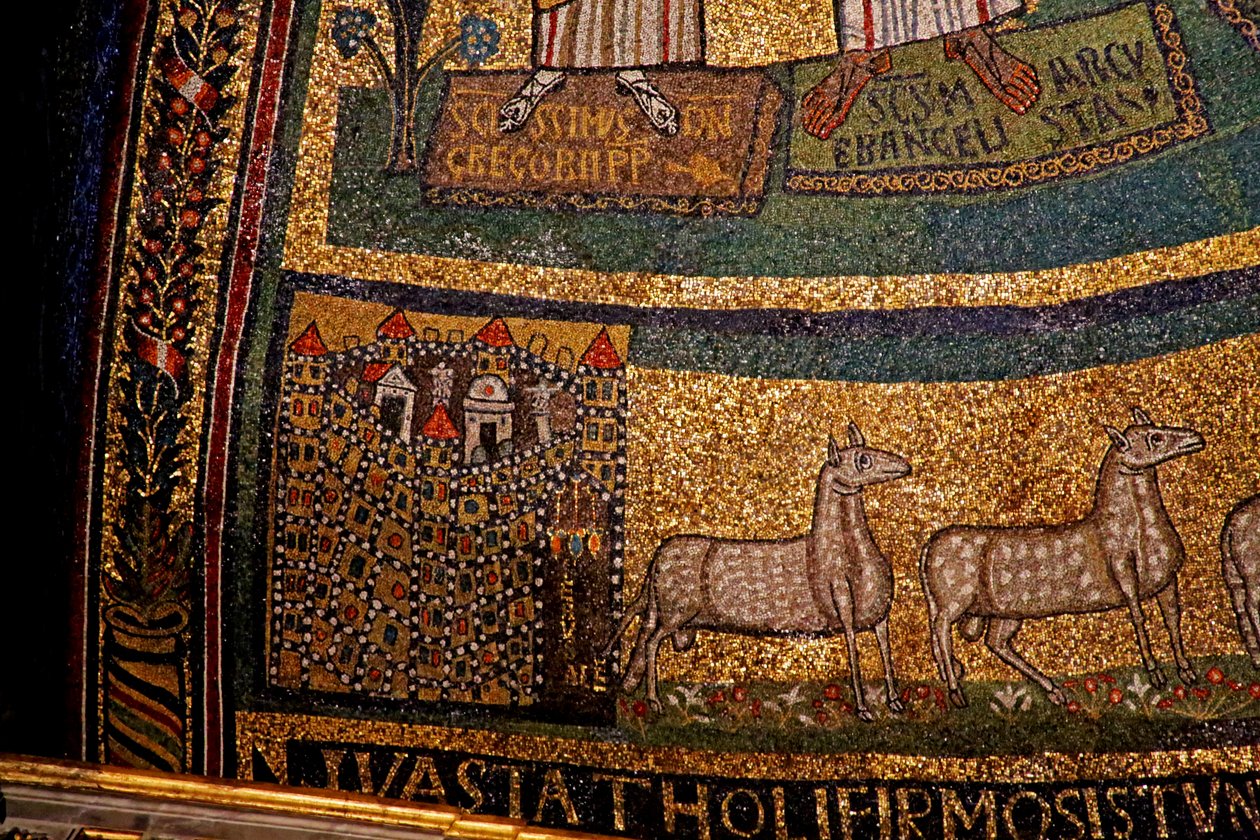 Detail apsidy, Jeruzalém a ovce (mozaika) od Italian School