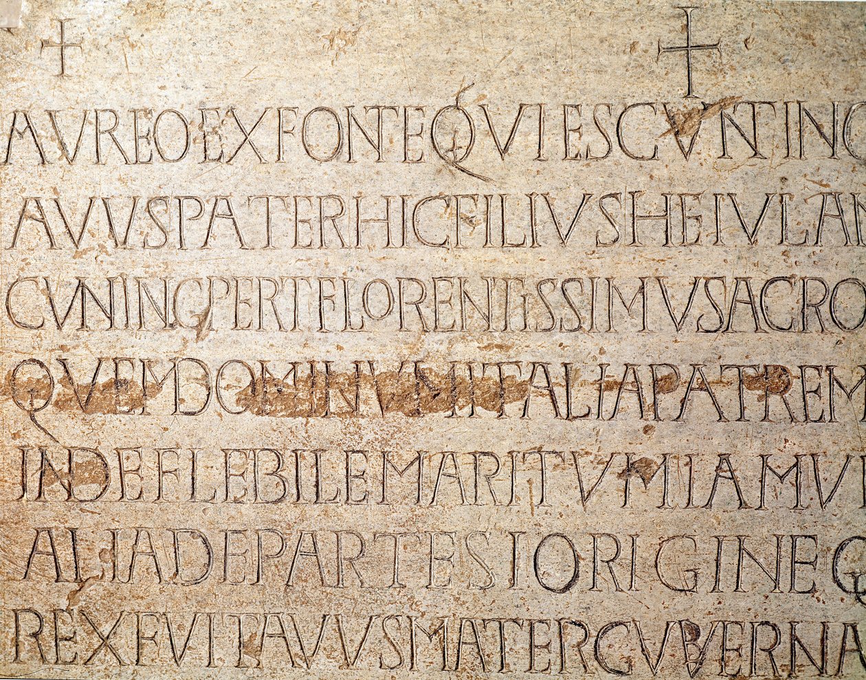 Archeologie středověku (středověk). Barbarské umění Lombardie: náhrobek lombardského krále Cuniperta, známého jako Pobožný (Cuniperto, 678-700). lombardské umění. Pavia, Občanské muzeum, Archeologická sekce (Pavia, Musei Civici, Sezione Archeologia). od Italian School