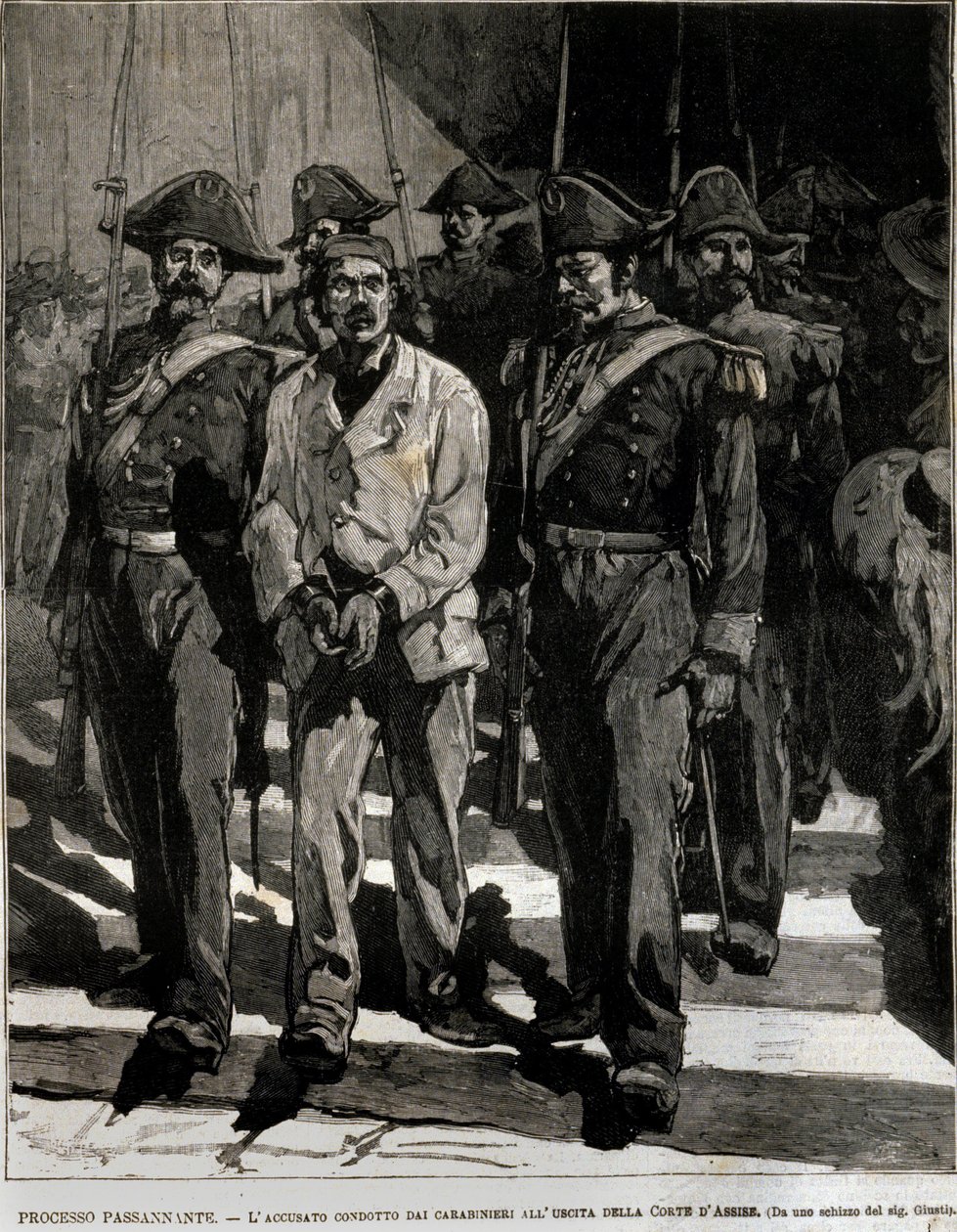 Zatčení Giovanniho Passannanteho (1849-1910), který v roce 1878 provedl útok na italského krále Umberta I. (Humberta I.) v Neapoli. Tato událost inspirovala básníka Giovanniho Pascoliho (1855-1912) v Ódě. Rytina 19. století od Italian School