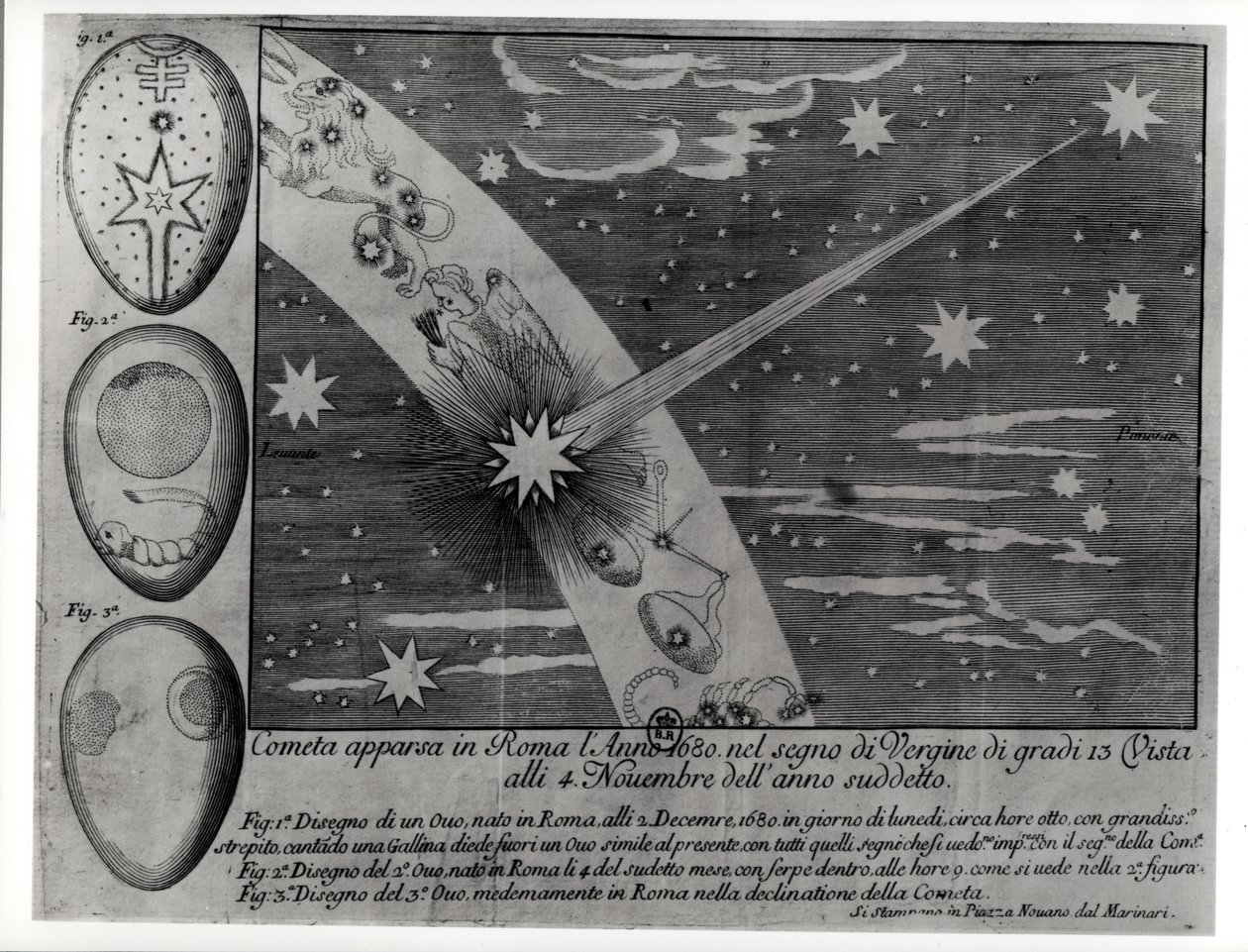 Astrologický diagram komety, která se objevila v Římě během Panny a zůstala viditelná až do listopadu 1680 od Italian School