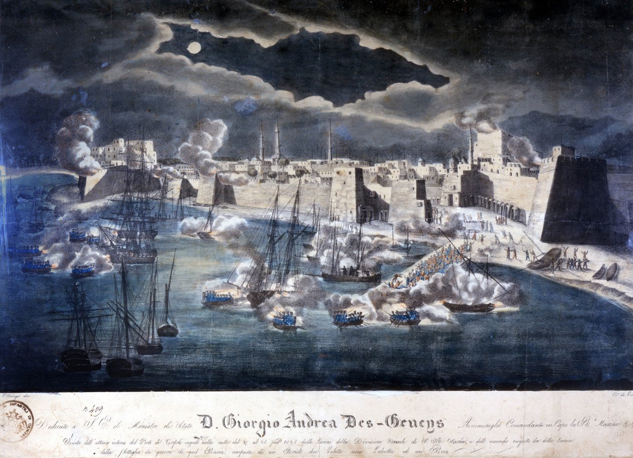 Útok sardinského námořnictva na přístav Tripolis během operací proti barbarskému pirátství v roce 1825. od Italian School