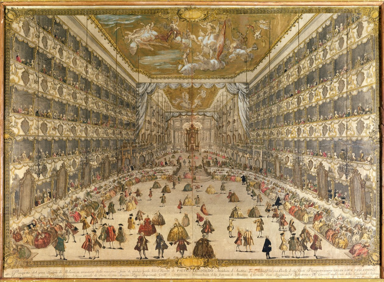 Ples na počest narození arcivévody Pietra Leopolda Rakouského, v Ducal Theatre of Milan dne 28. května 1747 (barevná rytina) od Italian School