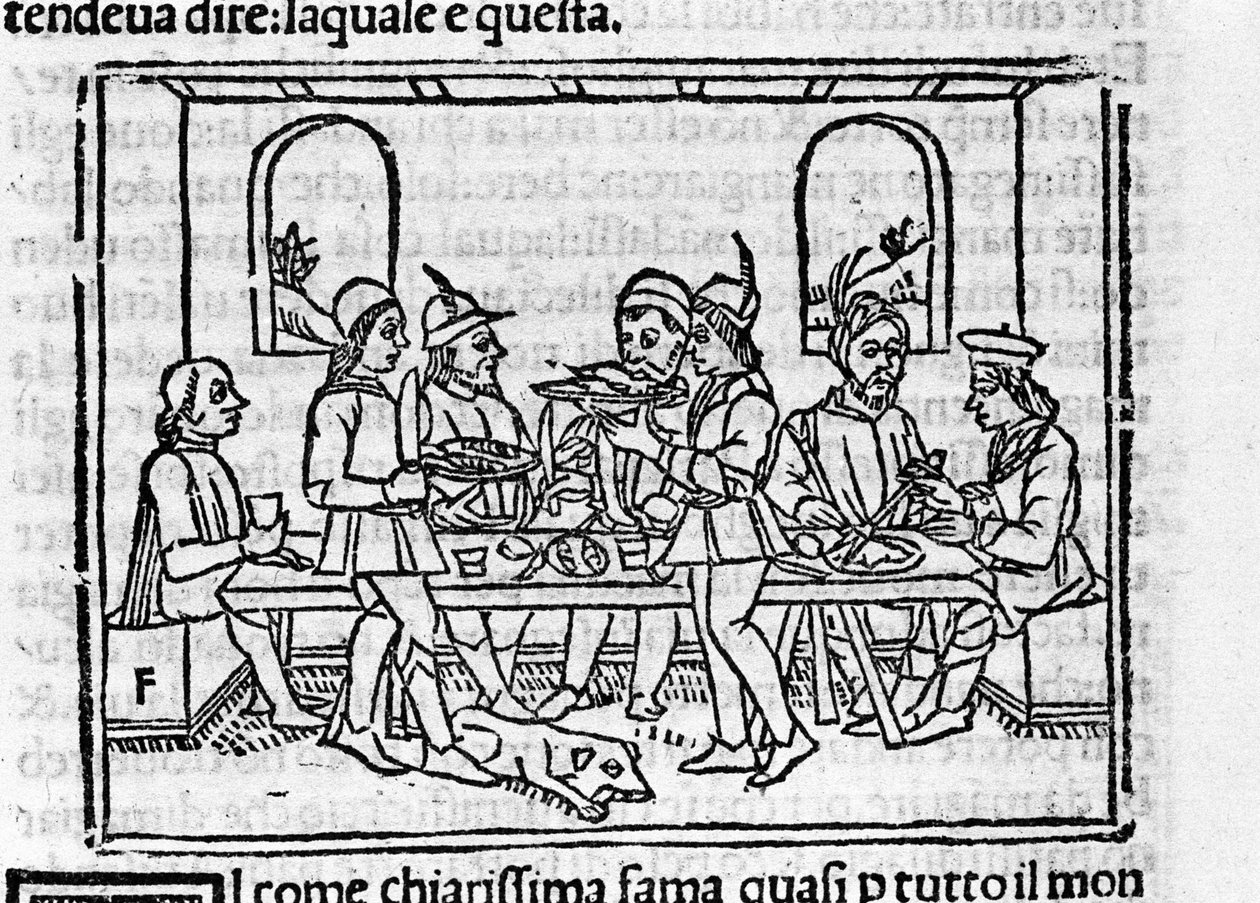 Banketní scéna za přítomnosti příslušníků florentské šlechty. Ilustrace pro „Dekameron““ od Giovanniho Boccaccia dit Jean Boccace (1313-1375), italského spisovatele. Rytina v „” Decamerone ouer Cento nouelle”” Benátky, Bartolomeo de 