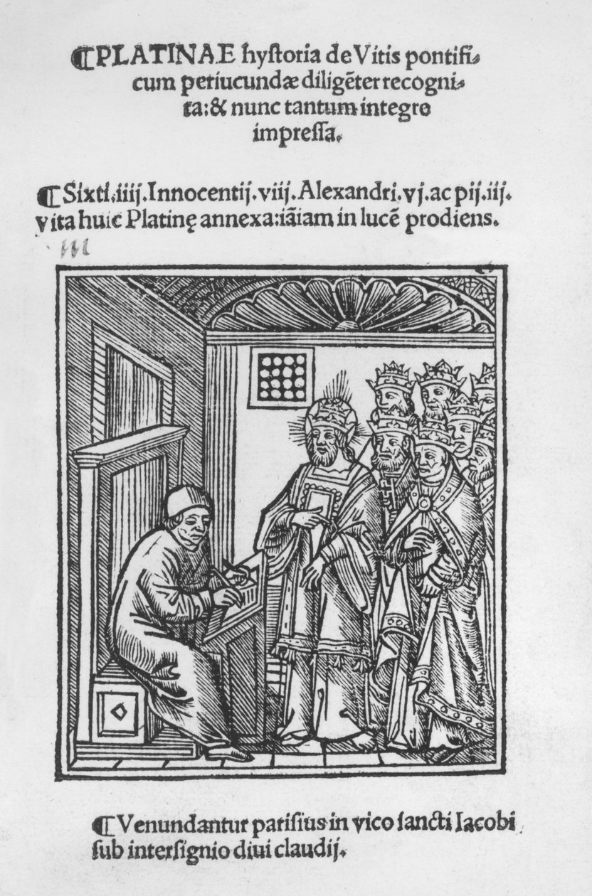 Bartolommeo de Sacchi (Platina) píšící „Historie vinice římských pontifiků“, 1505 od Italian School