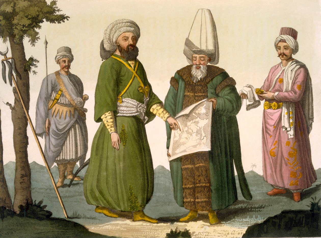 Bascia (vojenský velitel) a Bascia v bojových šatech, tělesná stráž Bascie a Page, deska 18 z části III, svazek I Historie národů, vyryl D.K. Bonatti (akvatinta) od Italian School