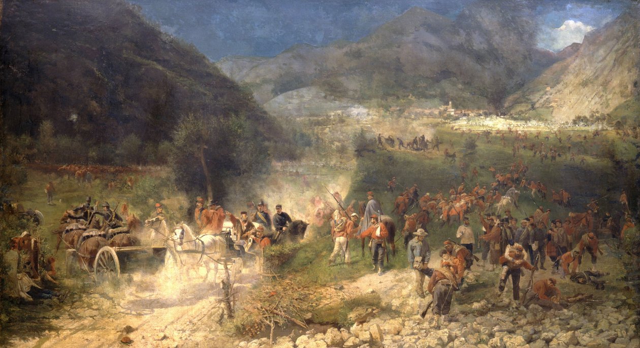 Bitva u Bezzecca: Dobrovolníci Giuseppe Garibaldiho bojují s Rakušany 21.7.1866. Muzeum Risorgimento. Milán. od Italian School