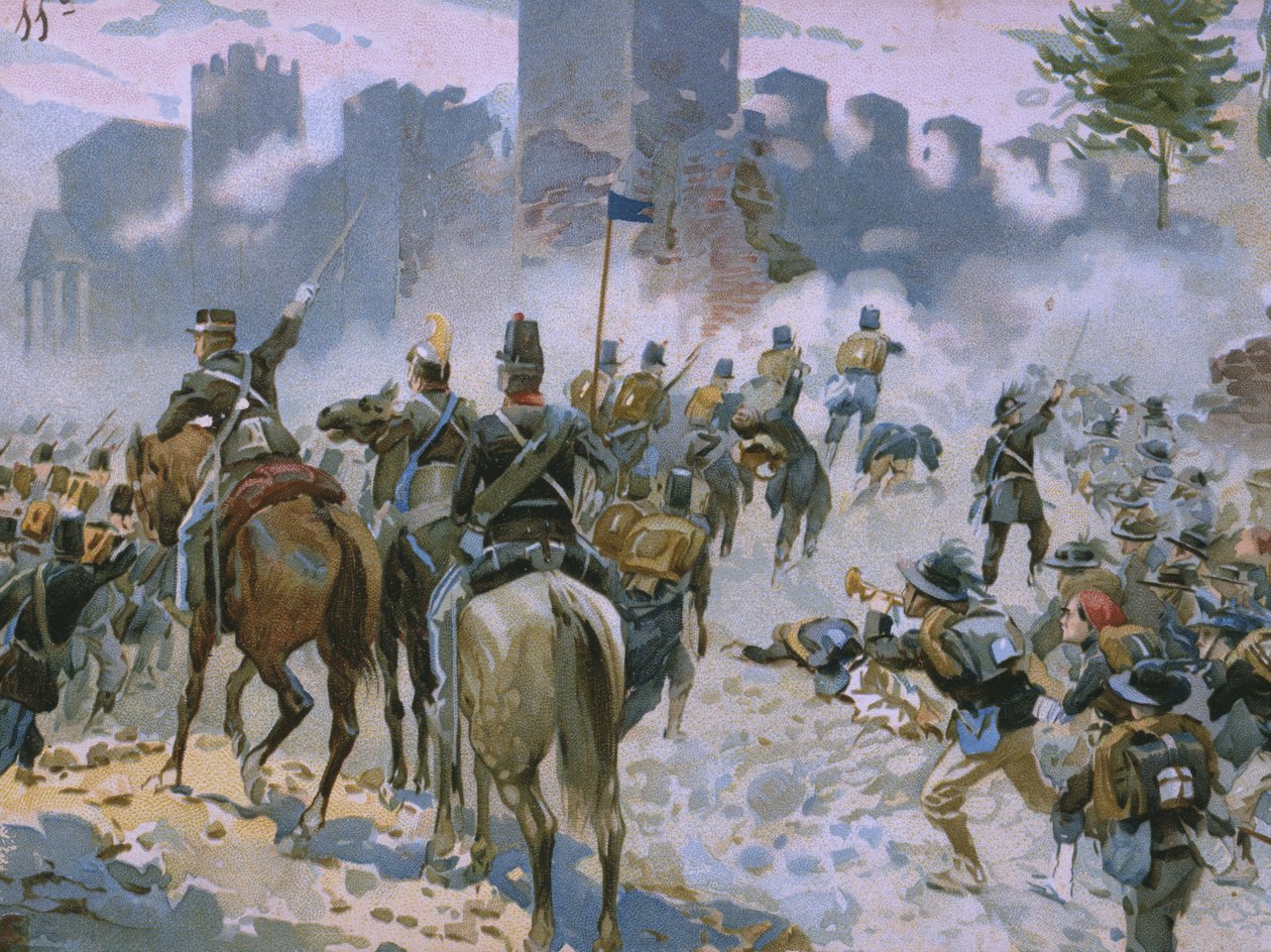Bitva u Solferina a San Martina, 24. června 1859, ilustrace z alba o historii Risorgimenta vyrobeného pro čokoládový Talmone, konec 19. století od Italian School