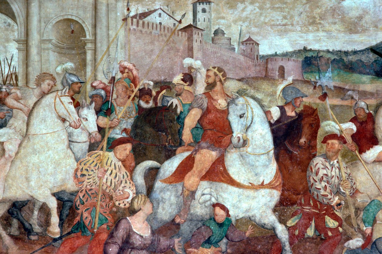 Bojová scéna za městskými hradbami, cca 1460 (freska) od Italian School