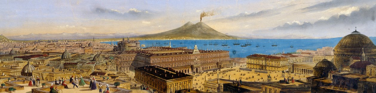 Pohled z ptačí perspektivy na královský palác a náměstí Piazza Plebiscito v Neapoli, Itálie od Italian School