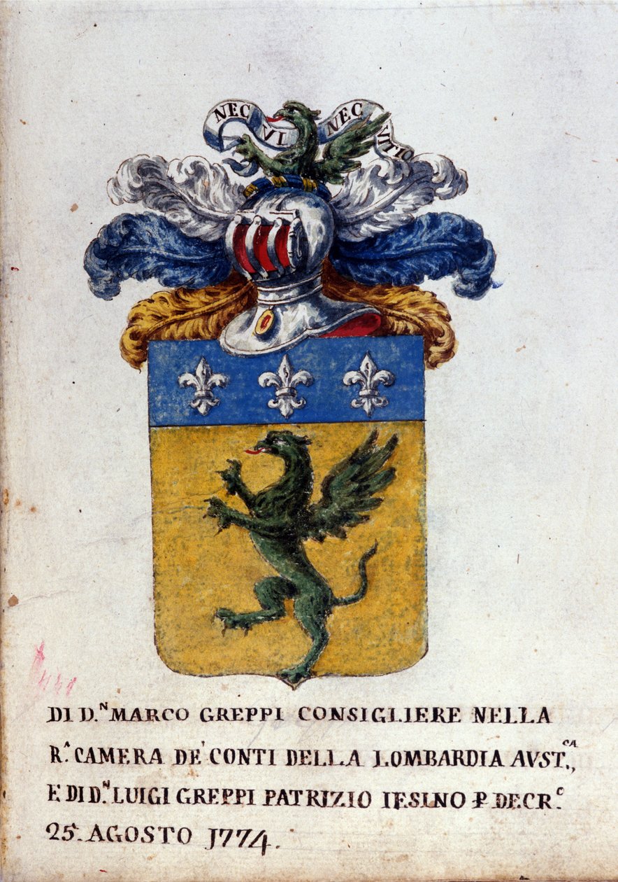 Erb milánské rodiny Greppi, brnění, fleur-de-lis a drak. Milánský státní archiv z 18. století od Italian School