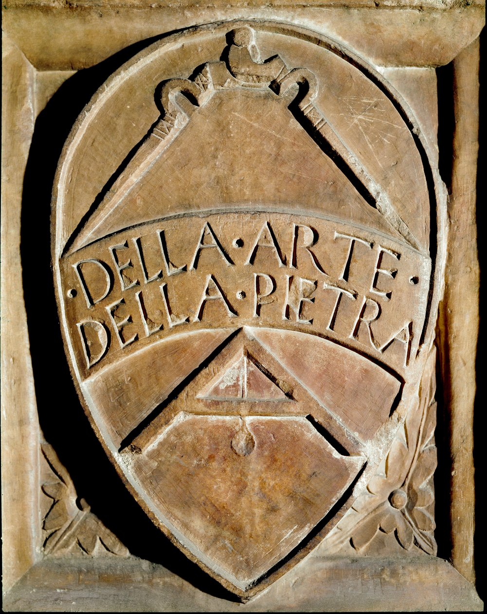 Blazon kongregace kamenických dělníků. Jsou znázorněny kompas a čtverec. Siena 14. století, Biblioteca degli Intronati od Italian School