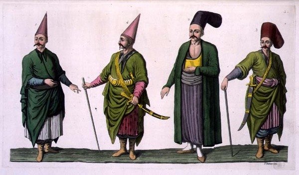 Bostandji, Khasseki a další příklady osmanského kostýmu, deska 5 z části III, svazek I „Historie národů“, vyryl V. Raineri (akvatinta) od Italian School