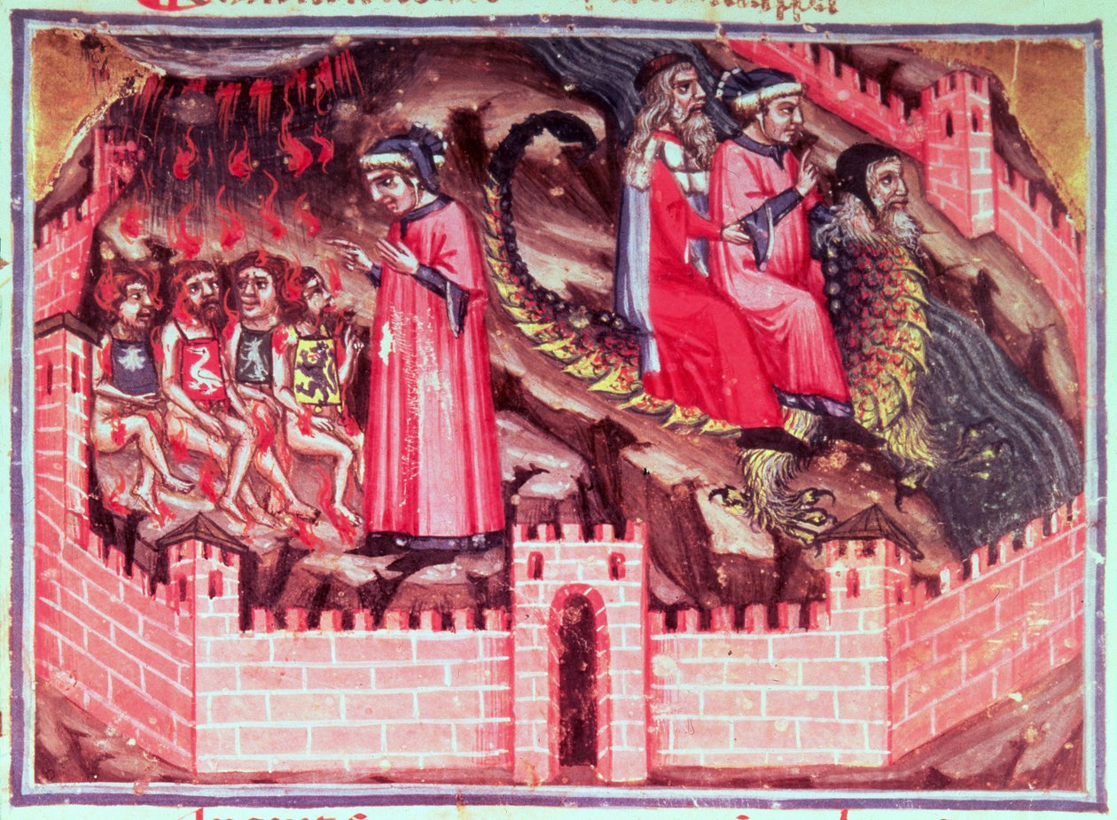 Canto XVII Čtyři Sodomité: Dante a Virgil jedou na zádech Geryona do Kruhu podvodníků, z Božské komedie (Peklo), kolem 1313 od Italian School