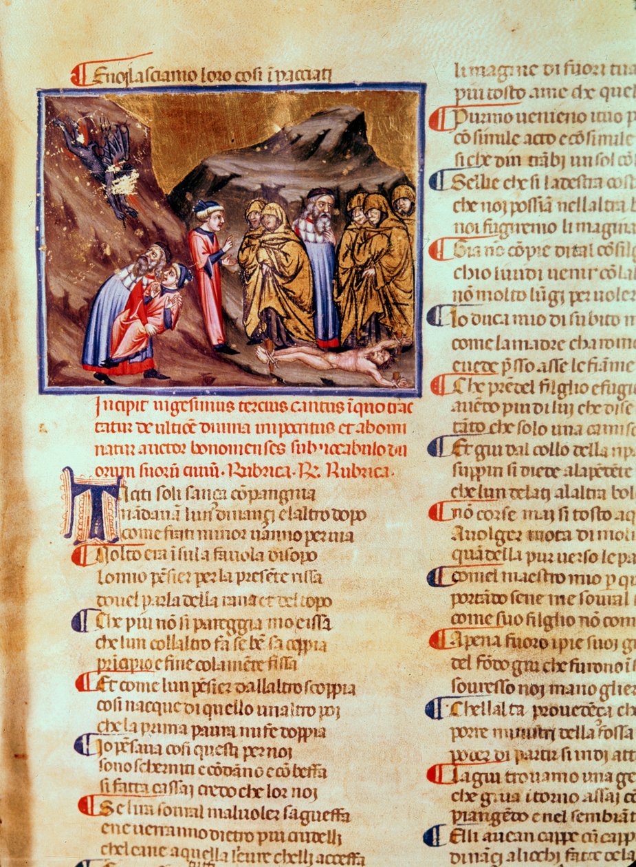 Canto XXIII Dante a Virgil v kruhu pokrytců, s Kaifášem ukřižovaným na zemi, z Božské komedie (Peklo), kolem roku 1313 od Italian School