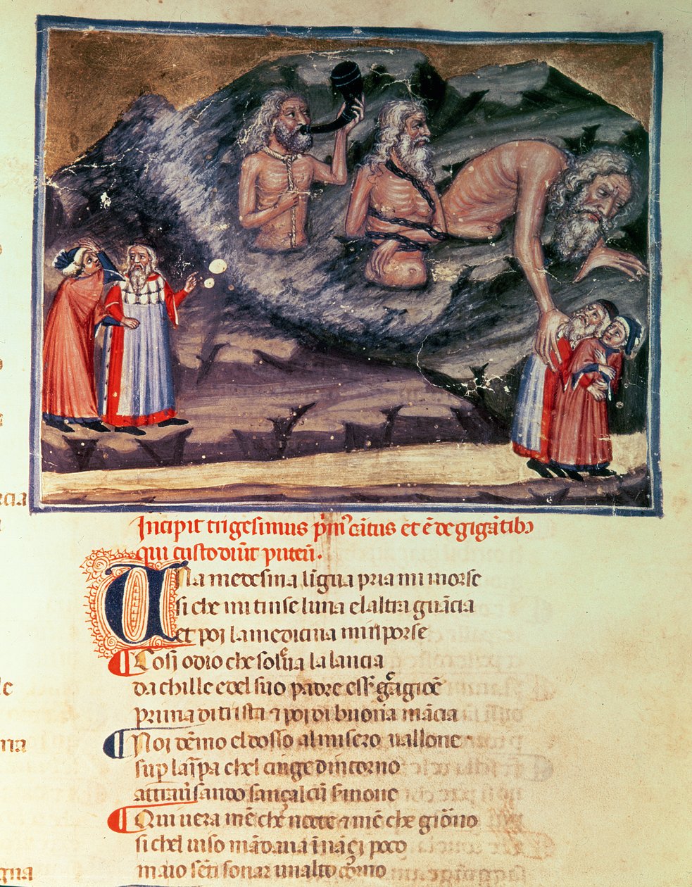 Canto XXXI Dante a Virgil a tři obři ve ztraceném kruhu, z Božské komedie (Peklo), kolem roku 1313 od Italian School