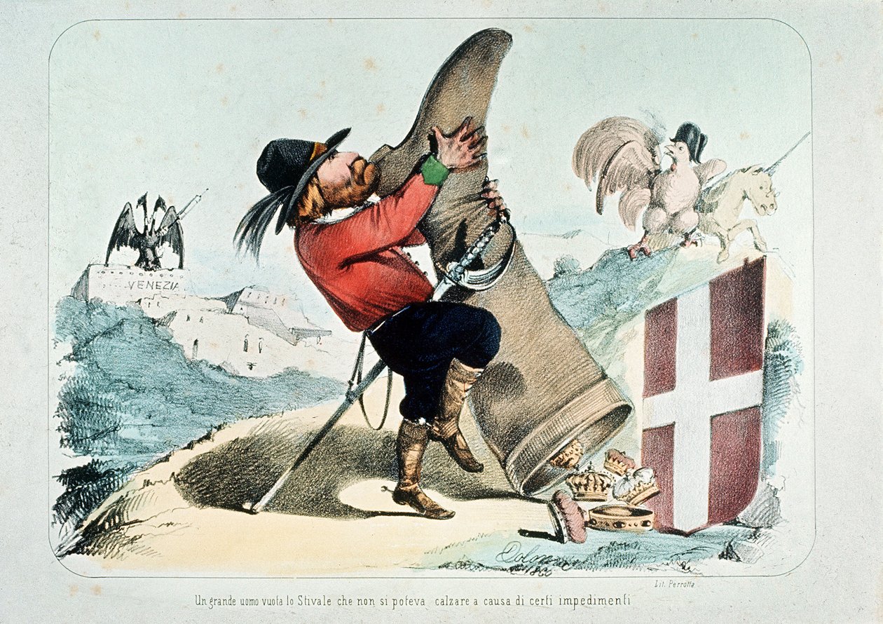 Karikatura Giuseppe Garibaldiho, jak vyprazdňuje botu (Itálie) plnou korun, Litografia Perrotta od Italian School