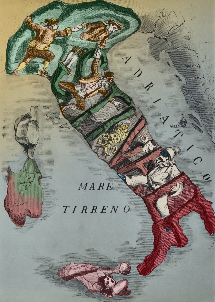 Karikatura Itálie během sjednocení, 1866 od Italian School
