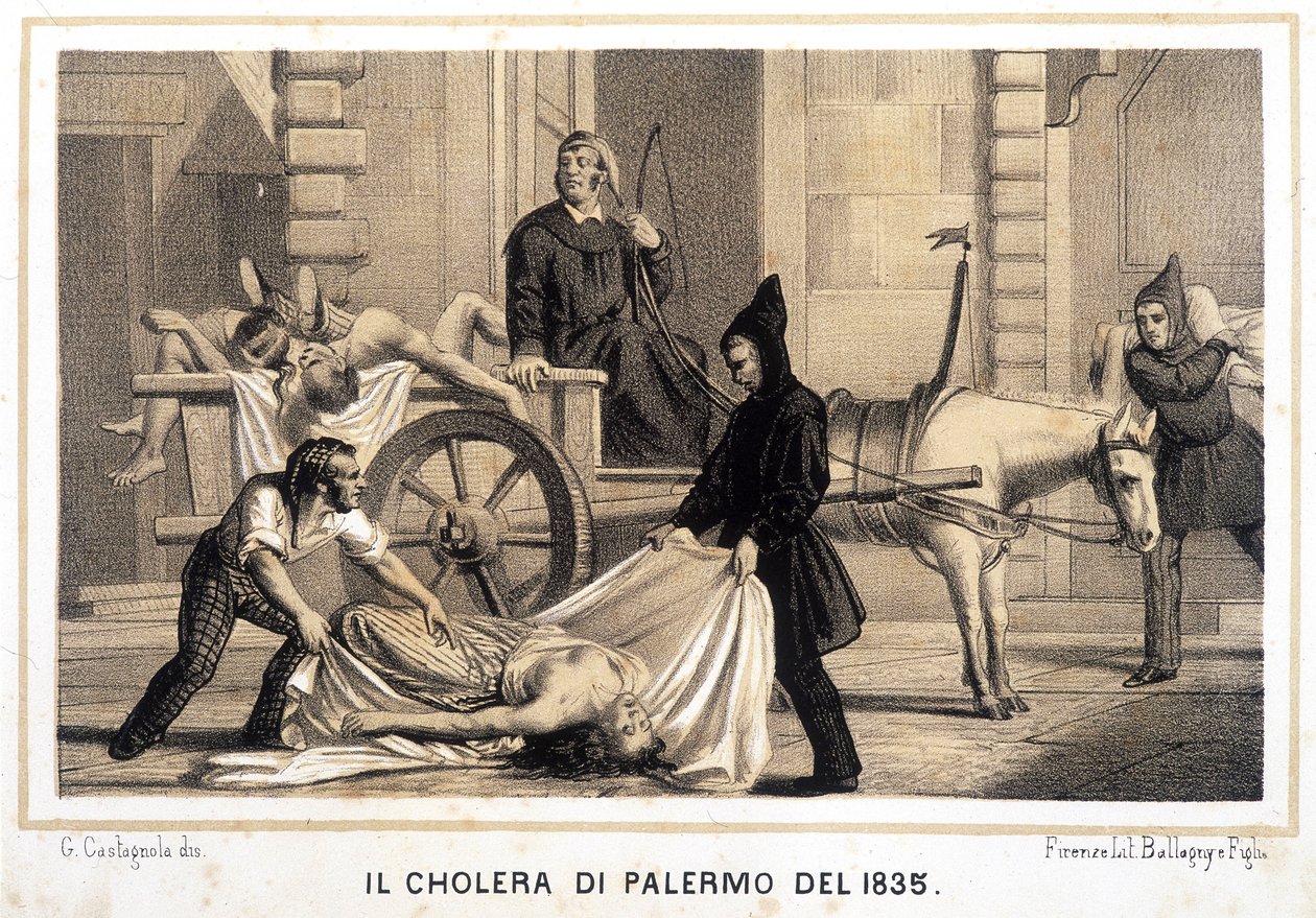 Vozík svážející mrtvé během epidemie cholery v Palermu v roce 1835. od Italian School